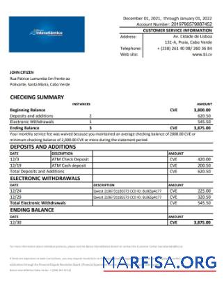 Printable Cabo Verde Banco Inter Atlântico bank statement excel sample